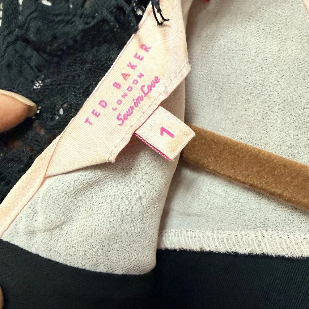 Ted Baker Dress Size 1 US Size 4 Black Pink Vivace Lace Shoulder - Picture 7 of 9